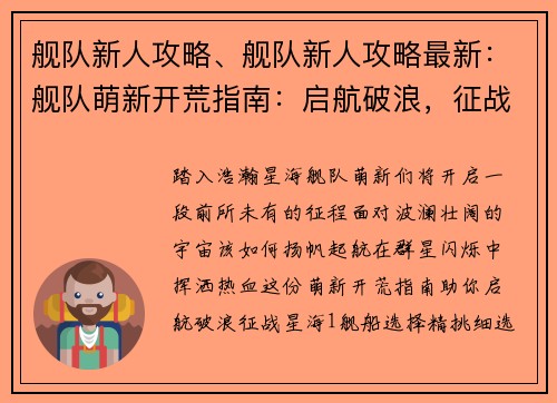 舰队新人攻略、舰队新人攻略最新：舰队萌新开荒指南：启航破浪，征战星海