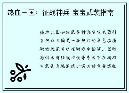 热血三国：征战神兵 宝宝武装指南